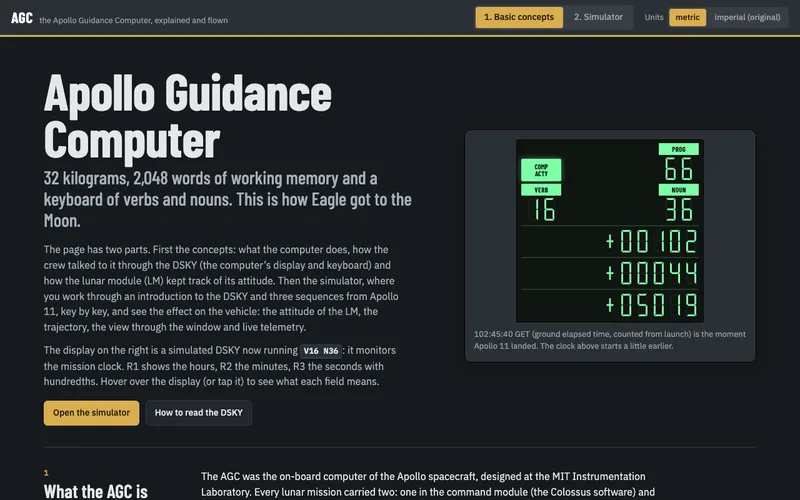 The title Apollo Guidance Computer next to a DSKY display with green digits, running Verb 16 Noun 36