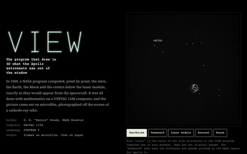 The title VIEW written in glowing lines and a frame with the Earth rising above the lunar horizon
