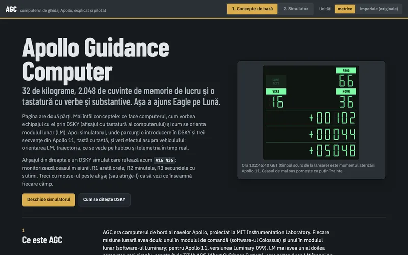 Titlul Apollo Guidance Computer lângă un afișaj DSKY cu cifre verzi, care rulează Verb 16 Noun 36