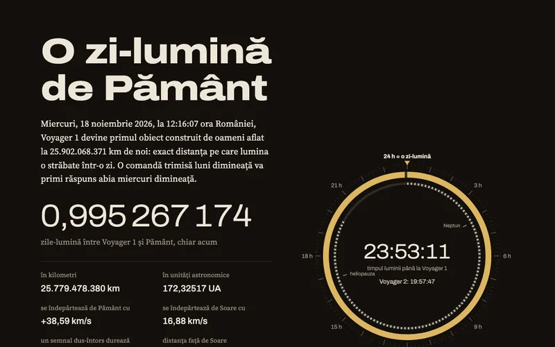 Titlul O zi-lumină de Pământ, distanța lui Voyager 1 în zile-lumină și un cadran de 24 de ore cu arcul auriu aproape închis